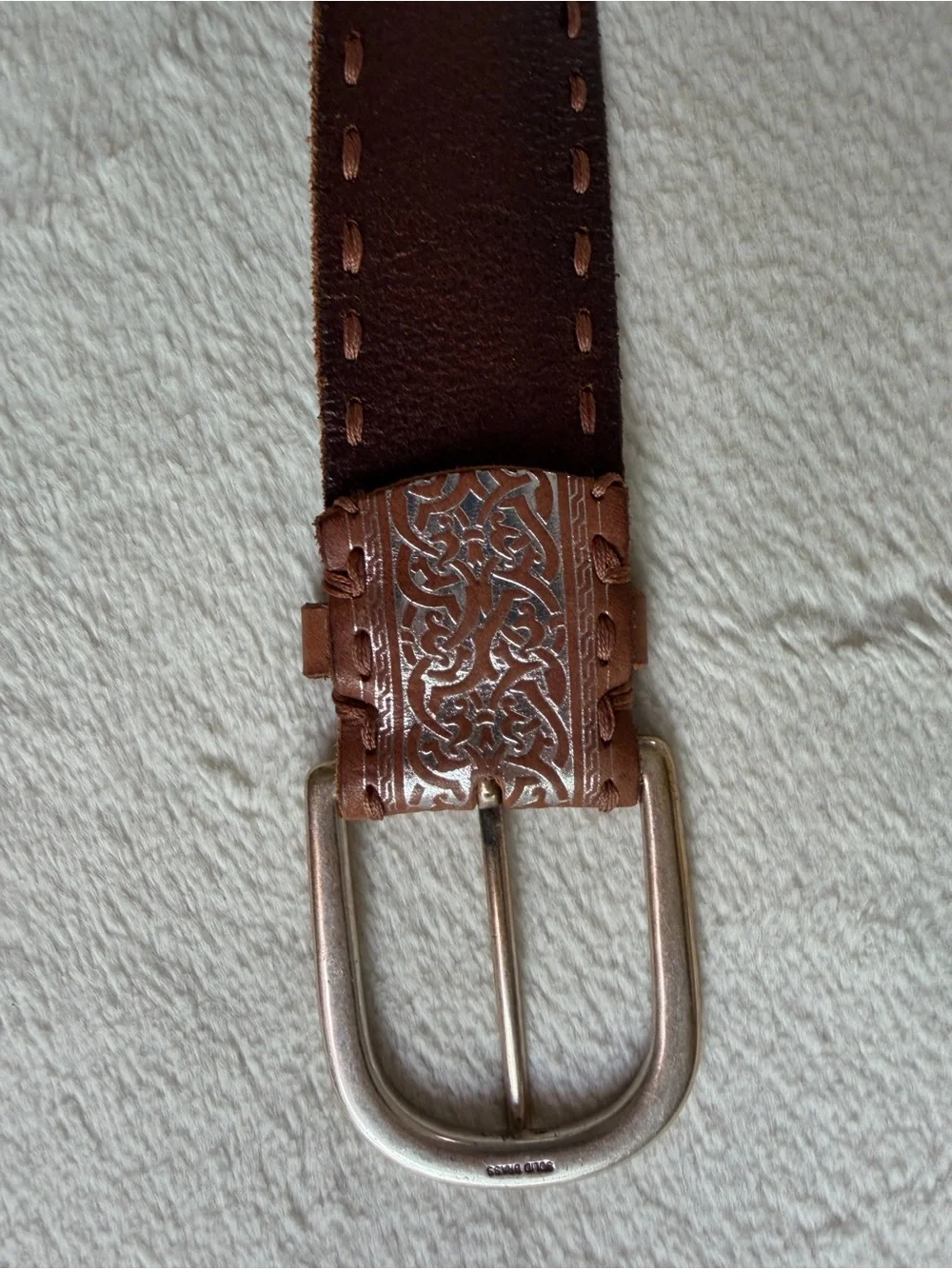 Brown Leather Celtic Embossed Belt Solid Brass Buckle Unisex ITEM2634